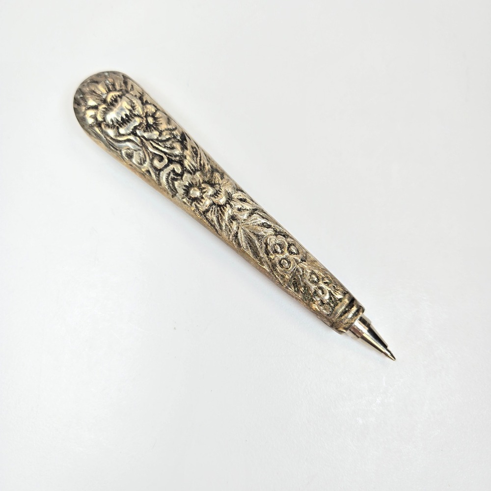 Vintage Silver tone Repousse Floral Ballpoint Pen Ornate Tapered Knife handle